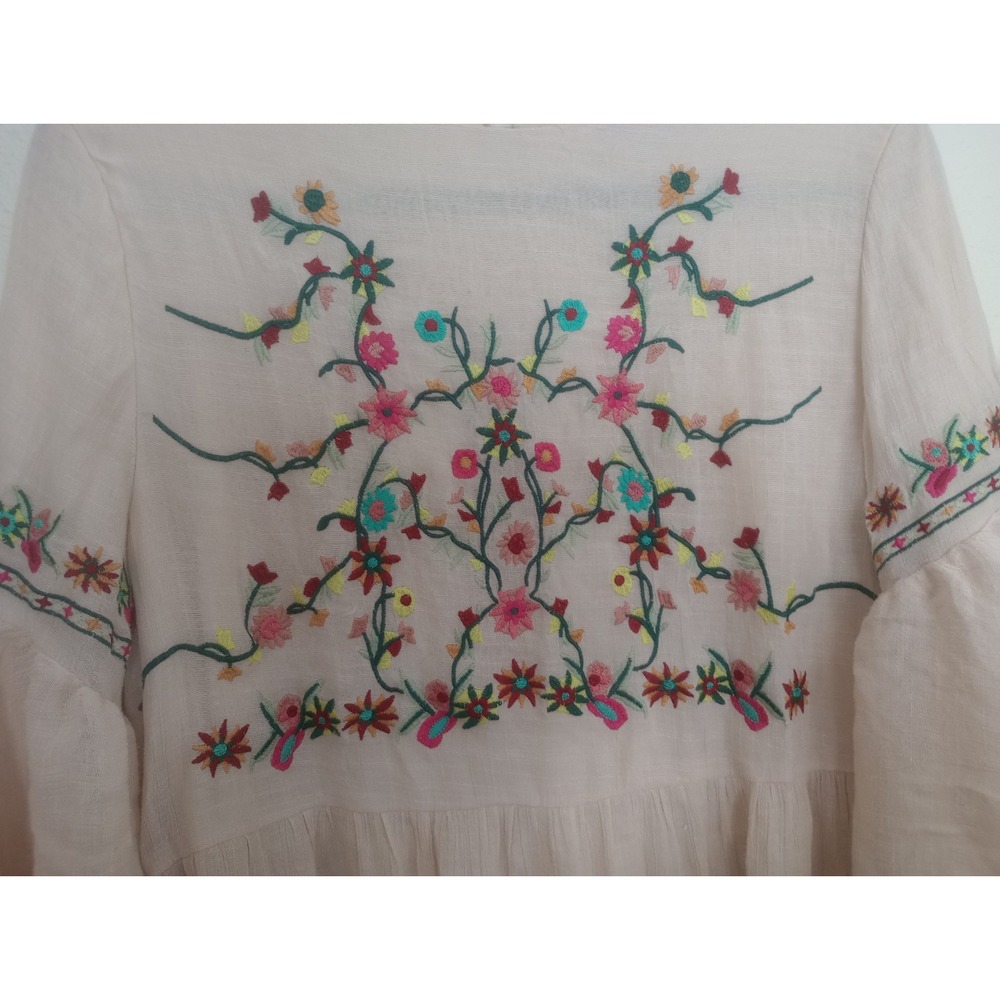 Brass & Roe CTS Dress Embroidered Floral Boho Gauzy Festival Lined Beige Large - Picture 3 of 5